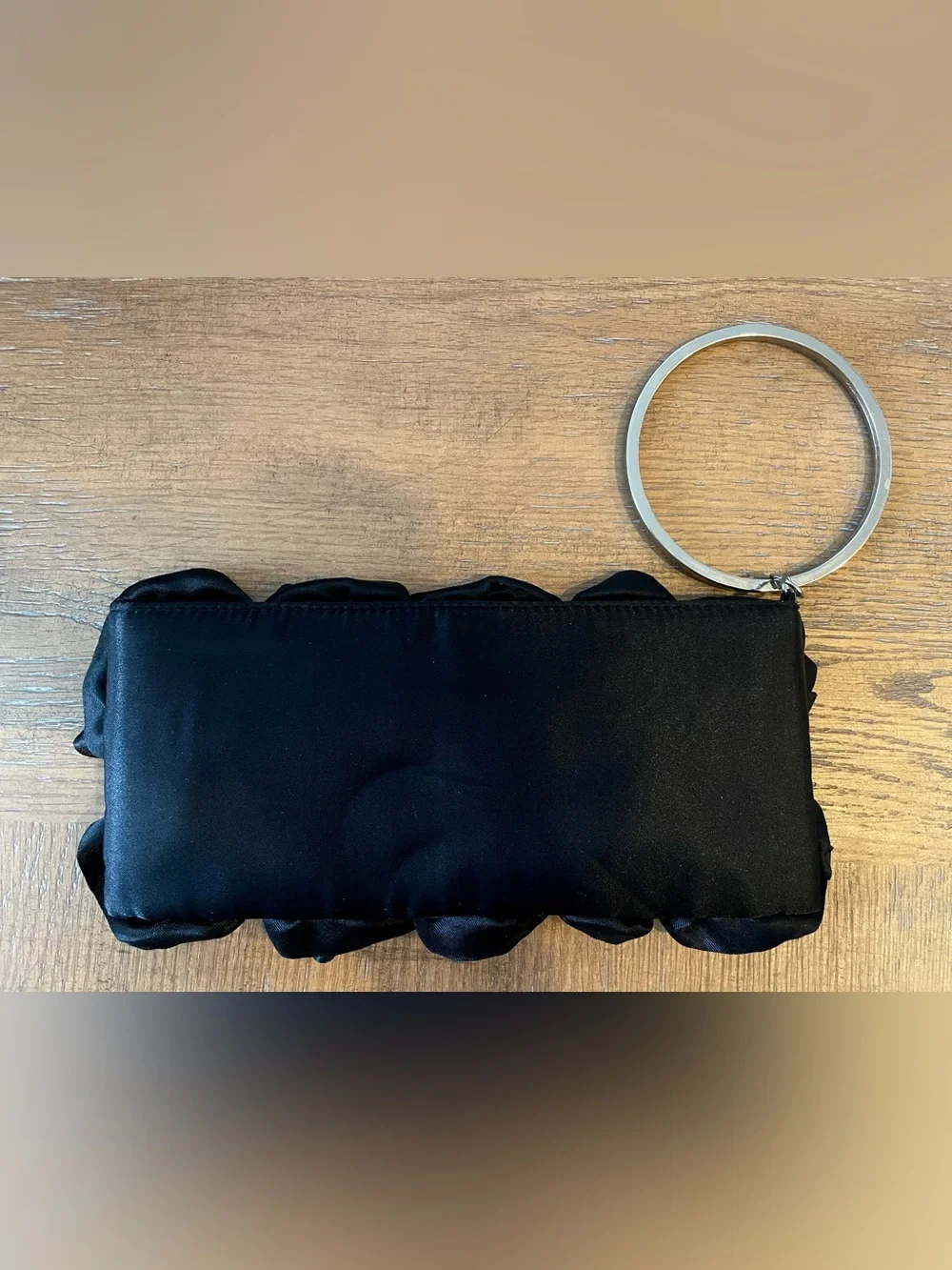 Lulu Townsend Black Rosette Clutch/Wrislet with Rhinestoned Handle/Bracelet